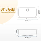 MONSINTA Gold Kitchen Sink 30 Inch, SUS304 Stainless Steel Undemount Kitchen Sinks, 30" x 18" x 9" Large and Deep Single Bowl Kitchen Sinks With Grid and Sink Drain Assembly