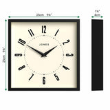JONES CLOCKS® Box wall Clock | Retro Square | 10 inch | Black | Easy to Read Numbers | Perfect Kitchen or Office Clock