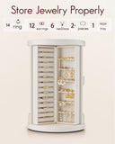 Vlando 360°Rotating Jewelry Box,Earring Organizer Large Vertical Jewelry Organizer with 6 Necklace Hooks, Open Ring Display Storage for Women - Cream White