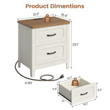 PIXOURA Farmhouse Nightstand Set of 2 with Charging Station, 22'' Wide Bedside Table with 2 Drawers & Metal Handle, Wood Night Stand End Side Table with Storage for Bedroom, Rustic White