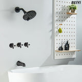 BEIYI 3 Handle Tub Shower Faucet, Three Handle Tub and Shower Faucet Set Bathtub Faucets Sets Complete with 6" Shower Head and Tub Spout, 3 Knods Shower Trim Kit, Matte Black