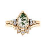 Oseew Personalized Moss Agate Ring set Engraving Text Moss Agate promise Ring Set 14k gold Teardrop Moss Agate Stone