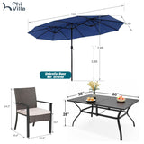 PHI VILLA 7pc Patio Dining Set with Blue Umbrella, 6 Rattan Chairs