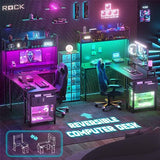 Aheaplus Small L Shaped Gaming Desk with LED Lights & Power Outlets, Reversible L-Shaped Computer Desk with Monitor Stand & Storage Shelf