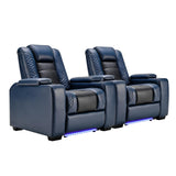 ANJ Power Home Theater Seating Set of 2, Blue Faux Leather Electric Recliner Chair with Adjustable Headrest, Dual Motors Movie Reclining Chairs with LED Lights,USB port,Cup Holders, Hidden Arm Storage