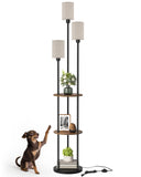 GOEBLESON 70.9" Floor Lamp with Shelves, Modern Floor Lamp with 3 Linen Shades and Foot Switch, 3-Light Standing Lamp, for Living Room, Bedroom, Study, Office, Rustic Brown and Beige EF53LD05