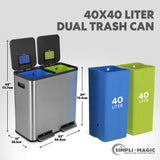 21 Gallon (80L) Dual Compartment Kitchen Trash Can - Hands-Free Step Pedal, Soft-Close Lid