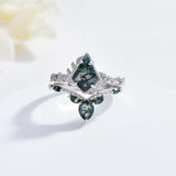 Oseew Natural Moss Agate Ring for Women 2CT Kite Cut 2 Pieces Engagement Ring Set 10K/14K/18K Solid Gold/Sterling Silve Personalized Wedding Leaf Vintage Bridal Promise Ring for Women