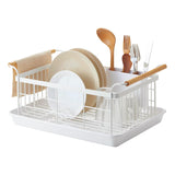 YAMAZAKI Home Dish Drying Rack – Modern White Dish Rack for Kitchen Counter with Removable Drainer Tray and Cutlery Holder, Steel + Wood Dish Drying Organizer, Small Space-Saving Design