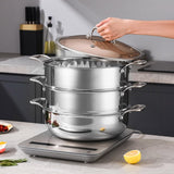 SOGA 3-Tier 11.8 in Heavy-Duty Stainless Steel Food Steamer – Stackable Vegetable & Seafood Steaming Pots with Glass Lid for Home, Restaurant & Kitchen Use
