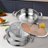 SOGA 3-Tier 11.8 in Heavy-Duty Stainless Steel Food Steamer – Stackable Vegetable & Seafood Steaming Pots with Glass Lid for Home, Restaurant & Kitchen Use