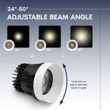 LUXRITE 4-Inch Trimless Recessed LED Spotlight, Regressed Zoomable Push-N-Lock, 5CCT 2700K-5000K, 2100 Lumens, 25W, Dual Dimmable, Adjustable 24°–50° Beam Angle, IC & Damp Rated, ETL Listed (4-Pack)
