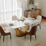 POVISON 63" Modern Dining Table for 4, Glossy White Dining Table, Sintered Stone Dining Tabletop with Bronze Carbon Steel Pedestal Table for Dining Room (Table Only)
