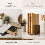Liereti Premium 3pc Book Cutting Board Set with Stand, Space-Saving Decorative Wood Cutting Board Library, 100% Natural Wood Grain Finish, Sleek Laser-Engraved Labels