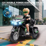 12V Electric Motorcycle for Kids Ages 3-8, 2 Seats Ride-On Motorbike with 3 Wheels, Bluetooth, USB, LED Light & Storage Box | Safe & Durable Kids Toy Vehicle, Black