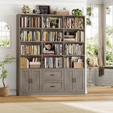 HOSTACK 71" Tall Triple Wide Bookshelf with Storage Drawers & Doors, Grey
