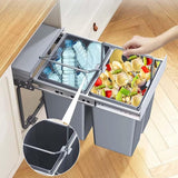 Double Pull-Out Under-Cabinet Trash Can with Lid, Sliding Kitchen Recycling Bin, Soft-Close Waste Container for Garbage Classification (40L Total Capacity)