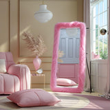 Anpark Full Length Mirror Free Standing Furry Faux Fur Framed Full Body Floor Mirror Wall Mounted Leaning Hanging Wall for Bedroom Hallway Entrance, 71"x32", Pink