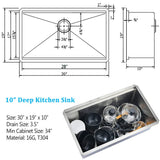 BoomHoze 30 Inch Undermount Kitchen Sink Stainless Steel, 30 x 19 Inch Undermount Workstation Sink 16 Gauge 10 Inch Deep Commercial Single Bowl Kitchen Sink