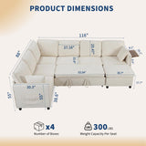Modular Sectional Couch with Pull Out Sofa Bed, 116" U Shaped Modular Cloud Sofa Set with Ottoman, Charging Port & Foldable Side Table, 7 Seater Comfy Chenille Sleeper Couch for Living Room, Beige