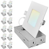 LUXRITE 4 Inch Square Canless Spotlight, LED Recessed Light, 5CCT 2700K-5000K, Dual Dimmable, 650/800/1066 Lumens, CRI 90, 8W/10W/13W Selectable, 120-277V, IC Rated, Wet Rated, ETL Listed (12 Pack)