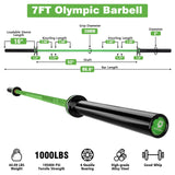 RICHUANG 7ft Olympic Barbell Weight Bar for Weightlifting, Powerlifting, CrossFit Training, 1000 lbs Max Load Capacity, Alloy Steel, 2 Inch Olympic Strength Training Bar for Home Gym Exercises Fitness Equipment 1000LBS-Green