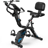 pooboo Folding Exercise Bike with Hand Crank, Multifunctional Stationary Bike for Home, Upright Indoor Cycling Bike with 8-Level Magnetic Resistance, Arm Resistance Bands, Pulse Sensor & Back Support Cushion