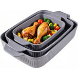 Yachi Ceramic Casserole Dishes for Oven Set of 3 Pcs Rectangular Bakeware Set with Handle for Steak Beef Baking Pan Roast Chicken spaghetti Lasagna Pan vegetables Microwave Oven and Dishwasher Safe Gray (14.8''/12.7''/9.8'')