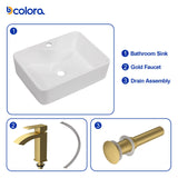 Dcolora 19 In. White Vessel Sink for Bathroom, Rectangular Above Counter Porcelain Ceramic Sink with Gold Accessories, 15"D x 19"W x 5"H #DC-SFDOE00087