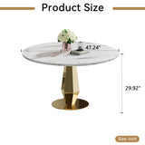 SSLine Round White Faux Marble Dining Table for 4-6 with Diamond Gold Base