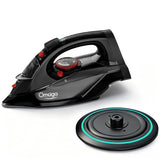 OMAIGA Cordless Iron for Clothes, 1500W Steam Iron Rapid Heating, Ceramic Soleplate, Auto Shut Off, Self-Clean, Anti-Calc, 3 Temperature Settings, 11.84oz Water Tank Ironing Clothes for Home, Black