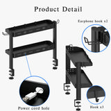 Clamp on Desk Shelf, 17in 2-Tier Office Desk Shelves Organizer, Small Shelf for Top of Desk with Headphone Holder and Hooks, Desktop Storage Rack for Home Workspace, Study Rooms, Gaming Accessories