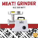 MEAT! 500 Watt Pro-Grade Meat Grinder #12 with Electric Motor, Coarse and Fine Grinding Plates, Stuffing Tubes, For Meat Grinding, Sausage Stuffing, and Meat Processing
