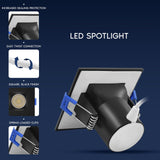 LUXRITE 3 Inch Square LED Recessed Ceiling Light with J-Box, CRI90, 8W, 5CCT Selectable 2700K-5000K, 530 Lumens, Dimmable Canless Downlight, Wet Rated, IC Rated, ETL Listed, Black Trim (12 Pack)