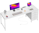 PRAISUN 63 Inch Computer Office Desk with Power Outelts and USB-C Port, Reversible Gaming Desk with 4 Fabric Drawers, Work Study Desk Work from Home, White