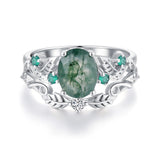 Oseew Natural Moss Agate Ring for Women 2CT Oval Cut 2 Pieces Engagement Ring Set 10K/14K/18K Solid Gold/Sterling Silver Wedding Vintage Leaf Bridal Promise Ring with Gift Box