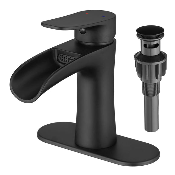 Waterfall Bathroom Faucet, Matte Black Modern Single Handle Bathroom Faucets VOTON