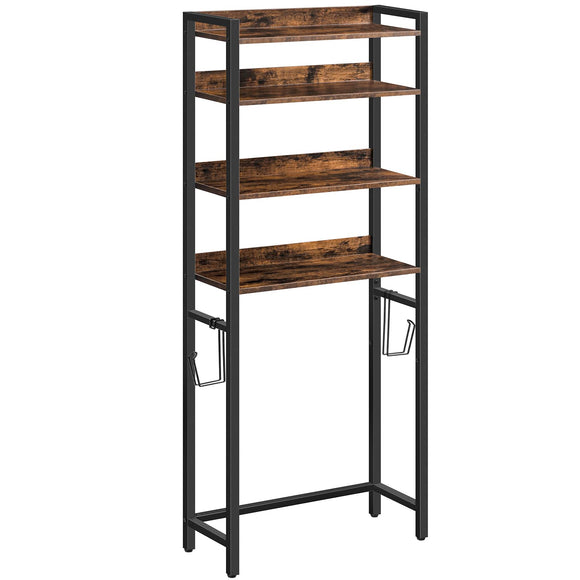 MAHANCRIS Over The Toilet Storage Rack, 4 Tier Bathroom Organizer Over Toilet, Freestanding Space Saver Toilet Stand with 2 Hooks, Bathroom Storage Shelf, Easy to Assemble, Rustic Brown TSHR0401Z MAHANCRIS
