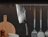 SYOKAMI Meat Cleaver Chef Knife with Sheath, 7.7 Inch Butcher Knife with Herb Stripper, Chopping Knife Heavy Duty Bone Cutting, Damascus Pattern Full Tang Wood Handle, Birthday Gift for Men