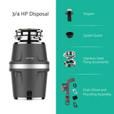 Lefton Garbage Disposal with Power Cord, 3/4 HP Continuous Feed Food Waste Disposer, LGD-714
