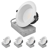 LUXRITE 6" Inch Commercial LED Recessed Light with J-Box, 5 CCT Options 2700K-5000K, 3 Wattages 30/40/50W, 0-10V TRIAC Dimmable, CRI90, 3000/4000/5000 Lumens, 120-277V, Wet Rated, IC Rated (4 Pack)