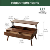 Wayshome Lift Top Coffee Table,100% Solid Oak Wood Walnut Coffee Table with Drawers and Hidden Compartments, Rectangular Coffee Tables with Storage for Living Room Home Decor (47.24inch)