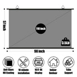 110 inch Projector Screen, XIAOHUI Portable Movie Projector Screen for Outdoor Indoor with 3 pcs Adhesive Hook, 4K Hanging Projection Screen for World Cup Room Wall, Anti-Glare, 16:9 HD
