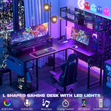 Aheaplus Small L Shaped Gaming Desk with LED Lights & Power Outlets, Reversible L-Shaped Computer Desk with Monitor Stand & Storage Shelf