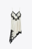 Women's Satin Lace Dress Asymmetric Cocktail Mini Dress Layering Essentials Elegant Dresses Date Night Outfits (White-Black,S)