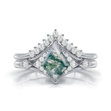 Oseew 1.5ct 10k Gold Natural Moss Agate Promise Ring for Women Gold Moss Agate Ring Set Moss Agate Engagement Ring Set Kite Shape Moss Agate Wedding Ring Set (White Gold)