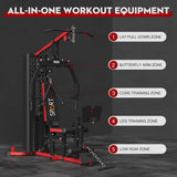 Multifunctional Home Gym Station, Home Gym Workout Exercise Equipment with 160LBS Weight Stack, Full Body Strength Training Workout Machine for Leg Press, LAT Pull Down, Chest Press, PEC Fly, Red