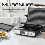 Panini Press,4 Slices Contact Grill with Removable Non-Stick Coated Grill and Flat Plates,Panini Makers with Temperature Control and Timer,Open 180 Degrees,Grill and Griddle (Silver with digital)