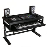 Height Adjustable Music Studio Desk with Keyboard Tray – Standing Computer Workstation with Cable Management, MIDI Shelf & Metal Legs for Recording, Production, Home Office(Black+Black,70in)