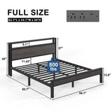 HAY Full Size Bed Frame with 2-Tier Storage Headboard, Metal Platform Bed with Charging Station and LED Light, Metal Support, Noise Free, No Box Spring Needed, Grey